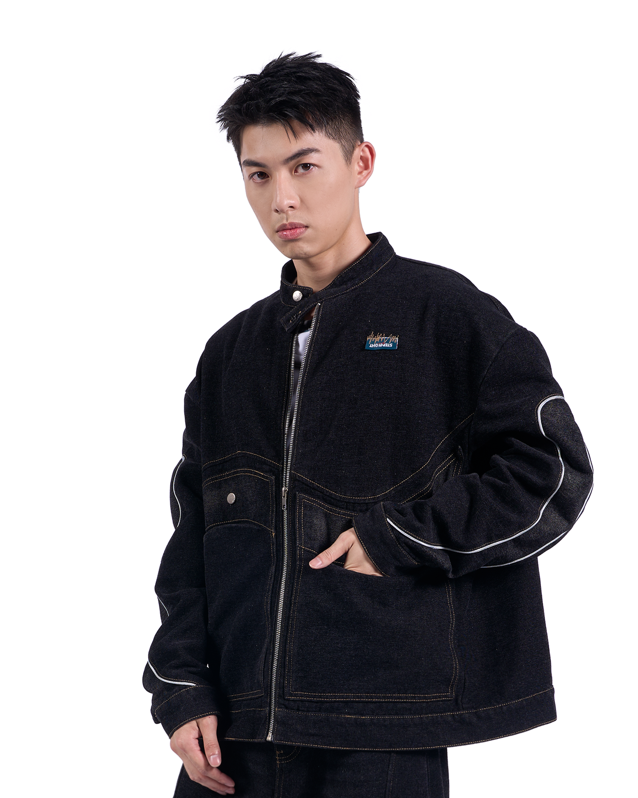 PITCH BLACK WAVY DENIM BIKER JACKET