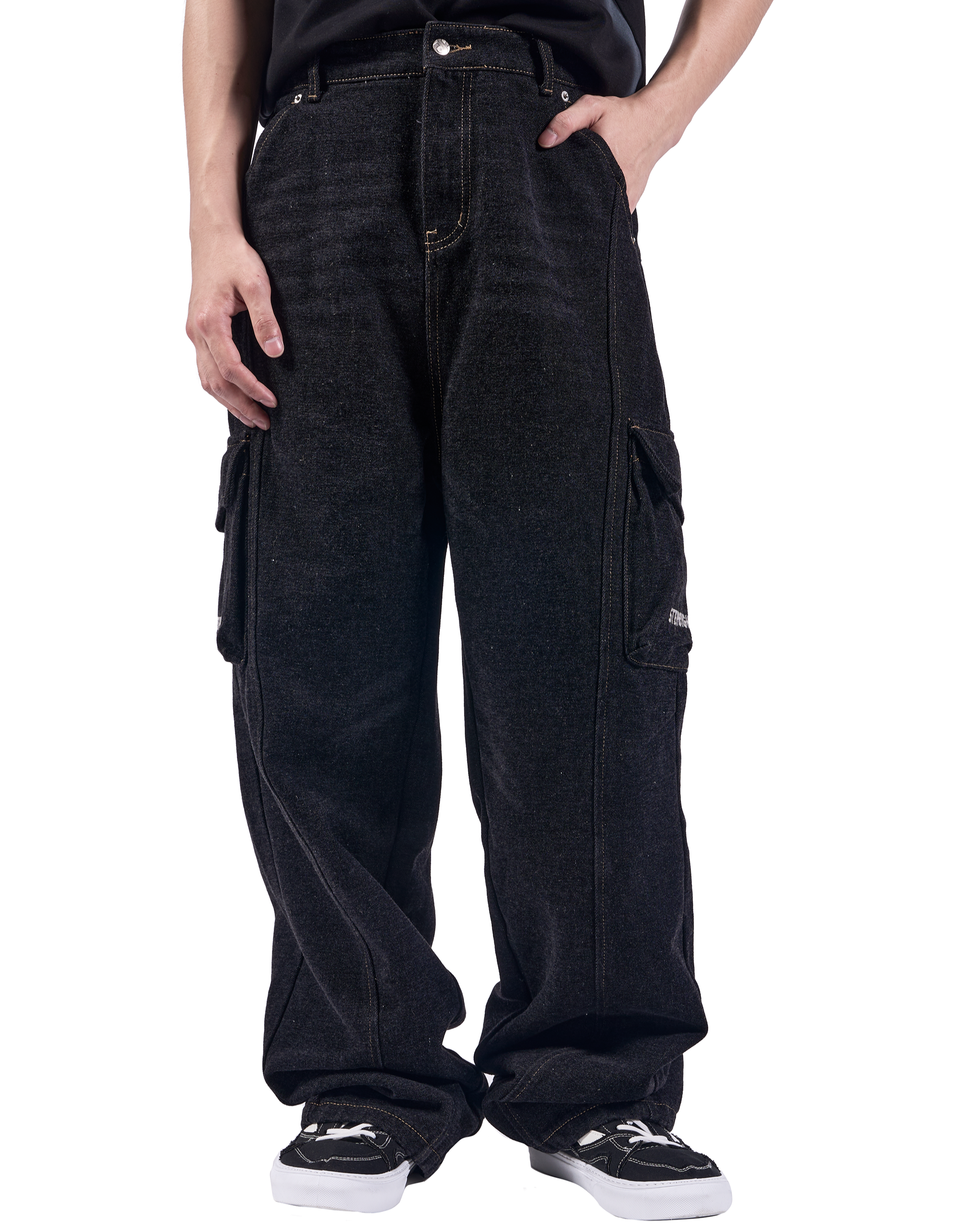 PITCH BLACK DENIM PANELLED LONG PANTS