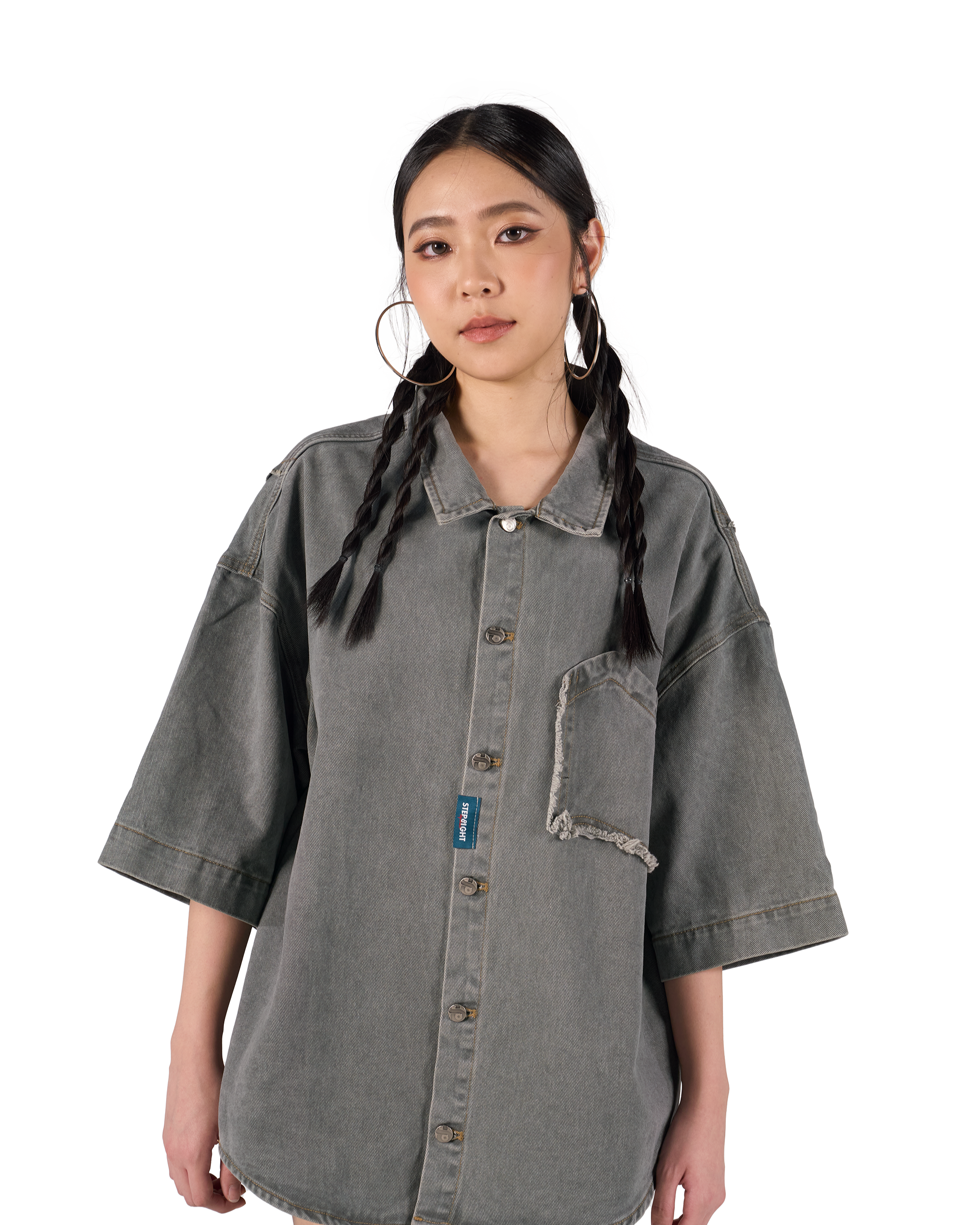 FOSSIL GRAY WAVY POCKET DENIM SHIRT