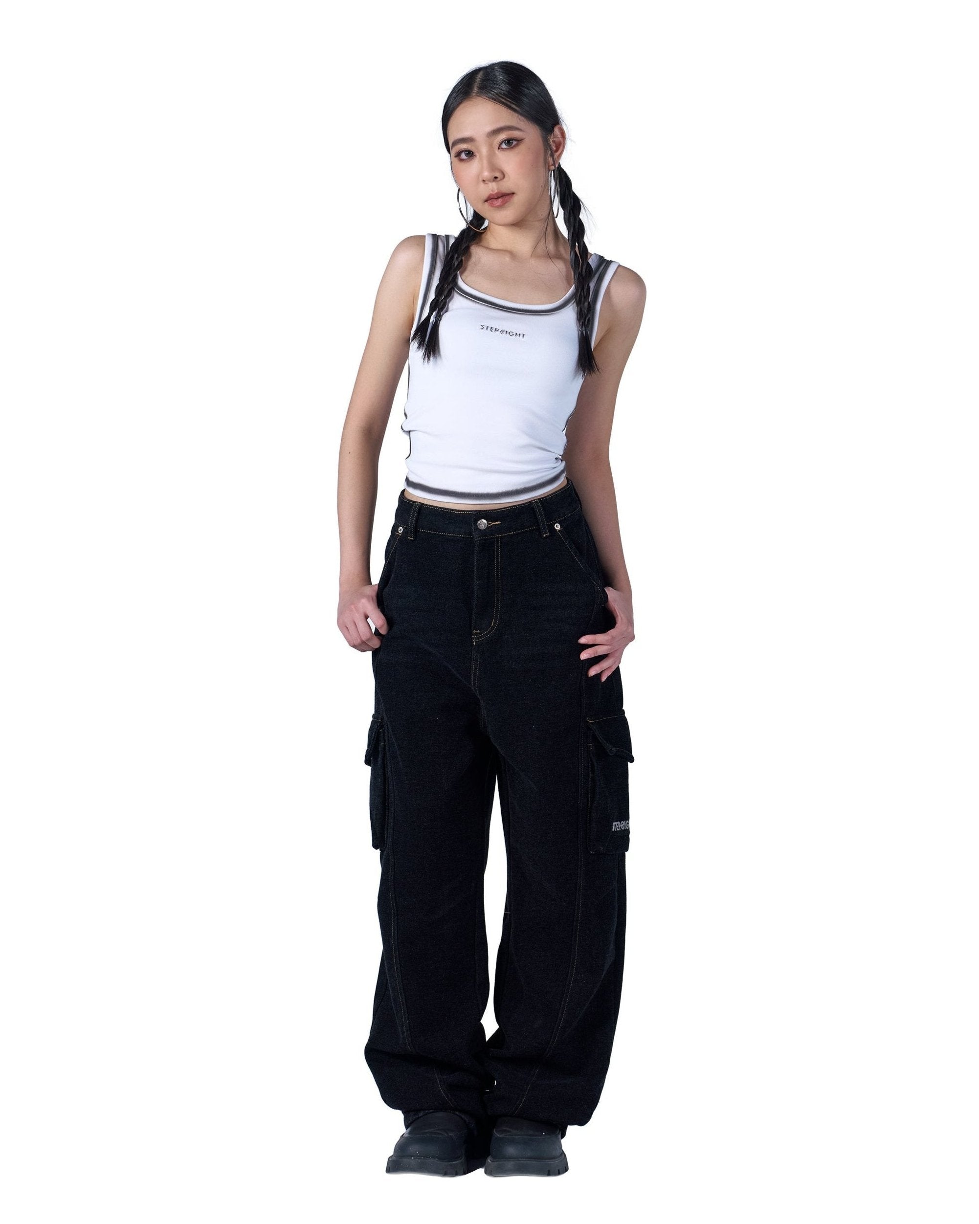 PITCH BLACK DENIM PANELLED LONG PANTS