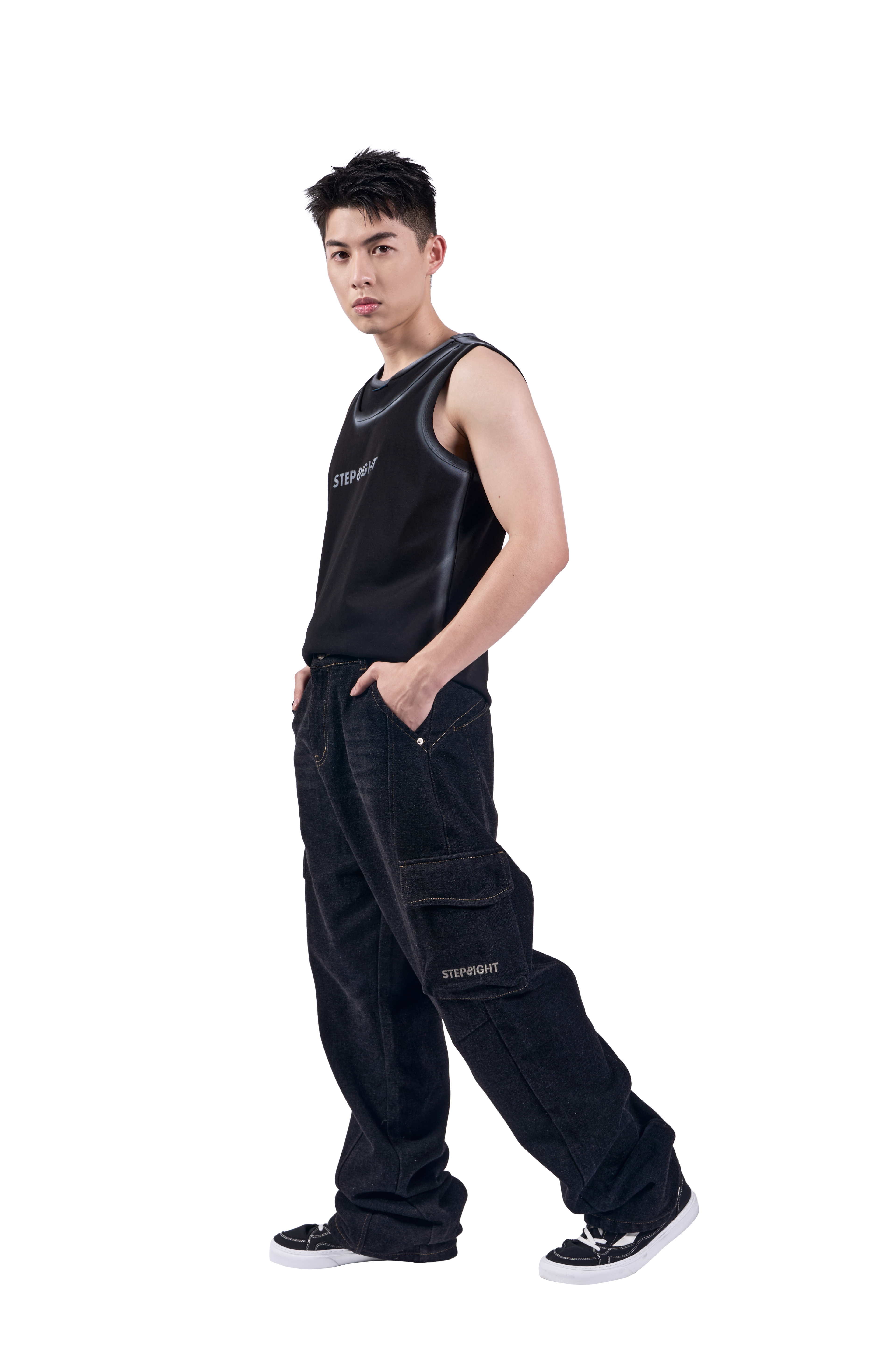 PITCH BLACK DENIM PANELLED LONG PANTS