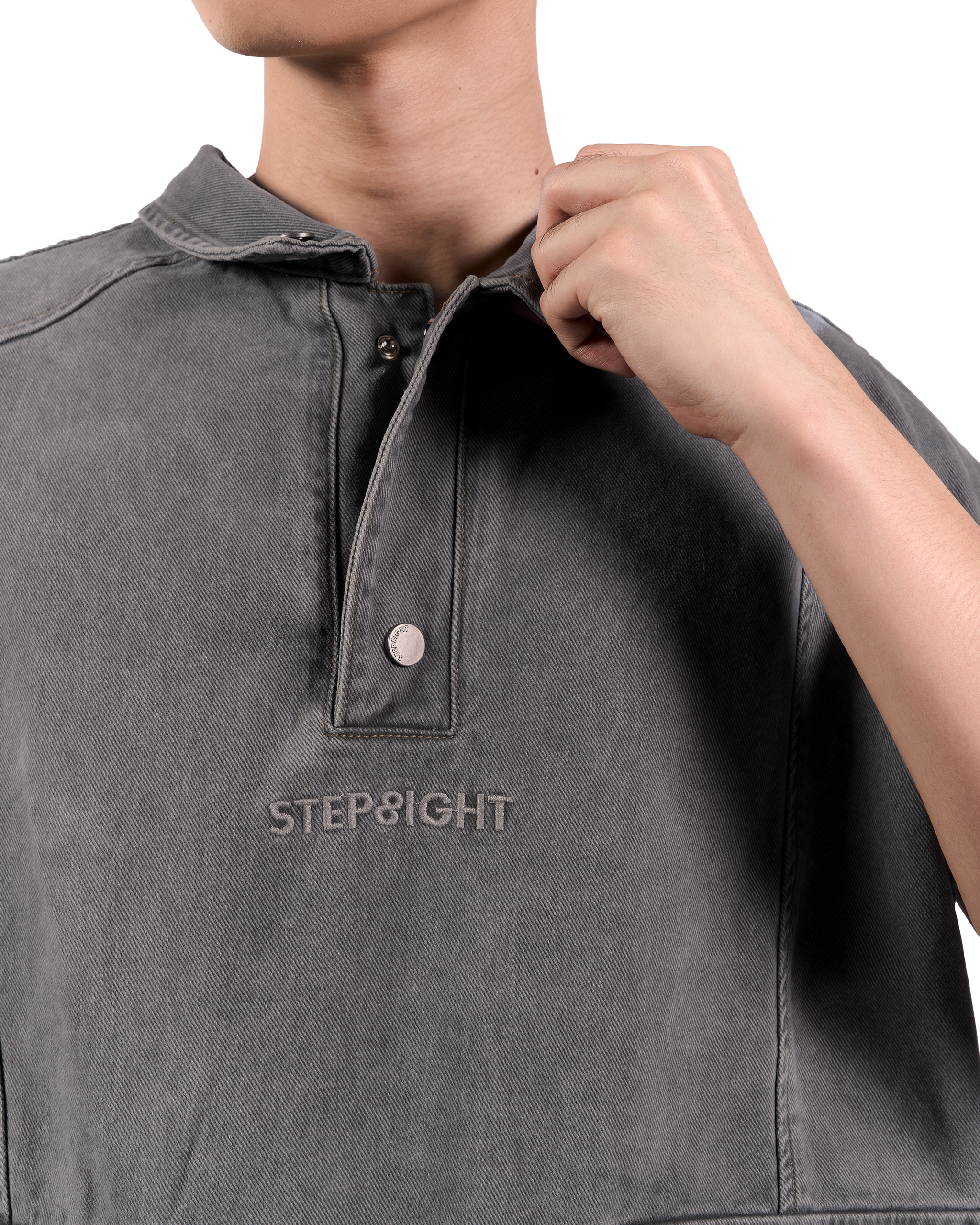 FOSSIL GRAY REVERSIBLE SLEEVELESS DENIM POLO JACKET