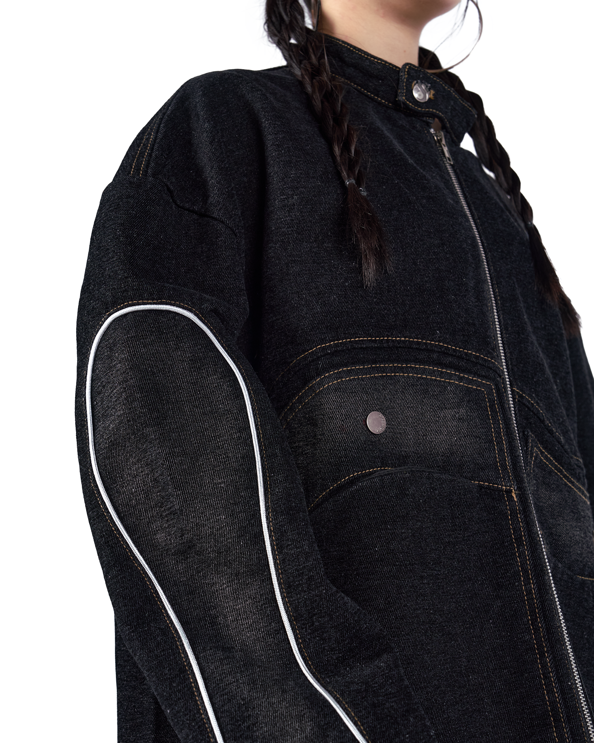 PITCH BLACK WAVY DENIM BIKER JACKET