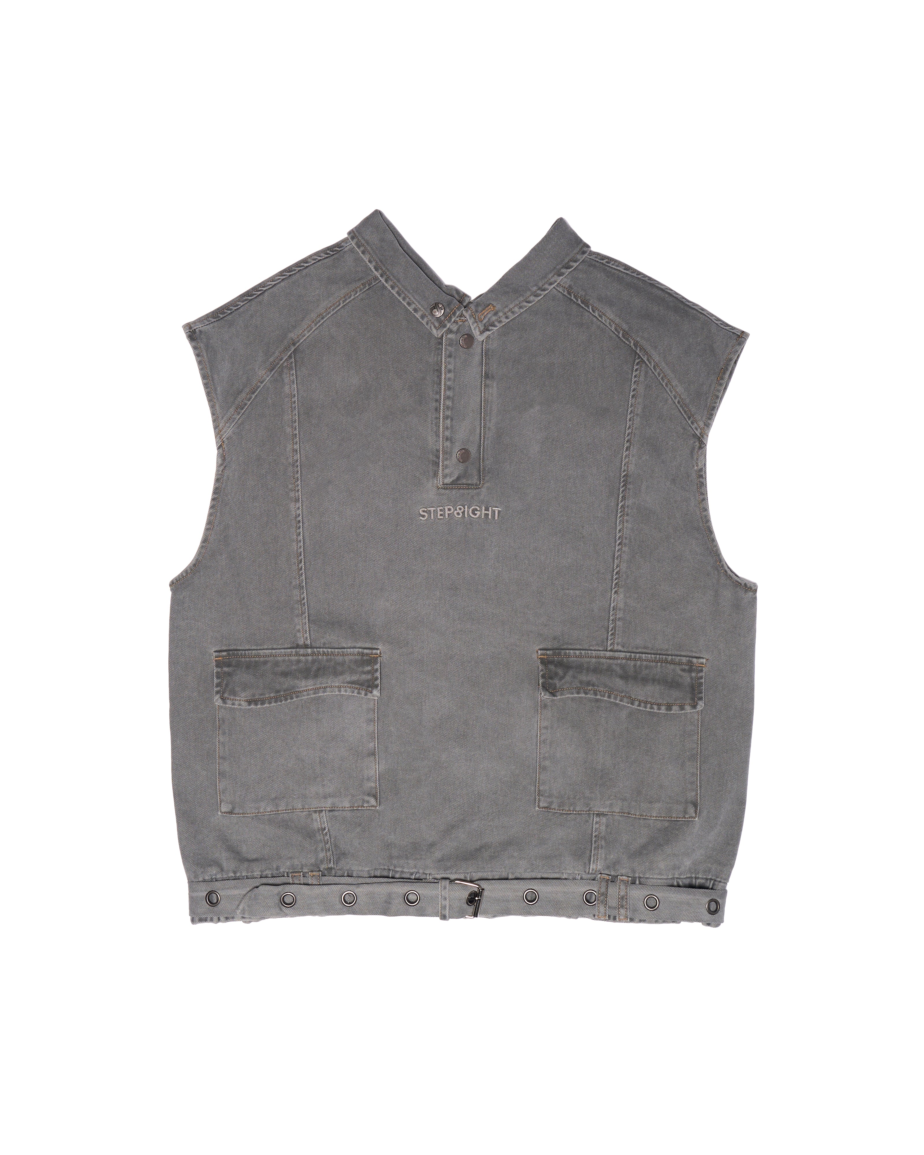 FOSSIL GRAY REVERSIBLE SLEEVELESS DENIM POLO JACKET