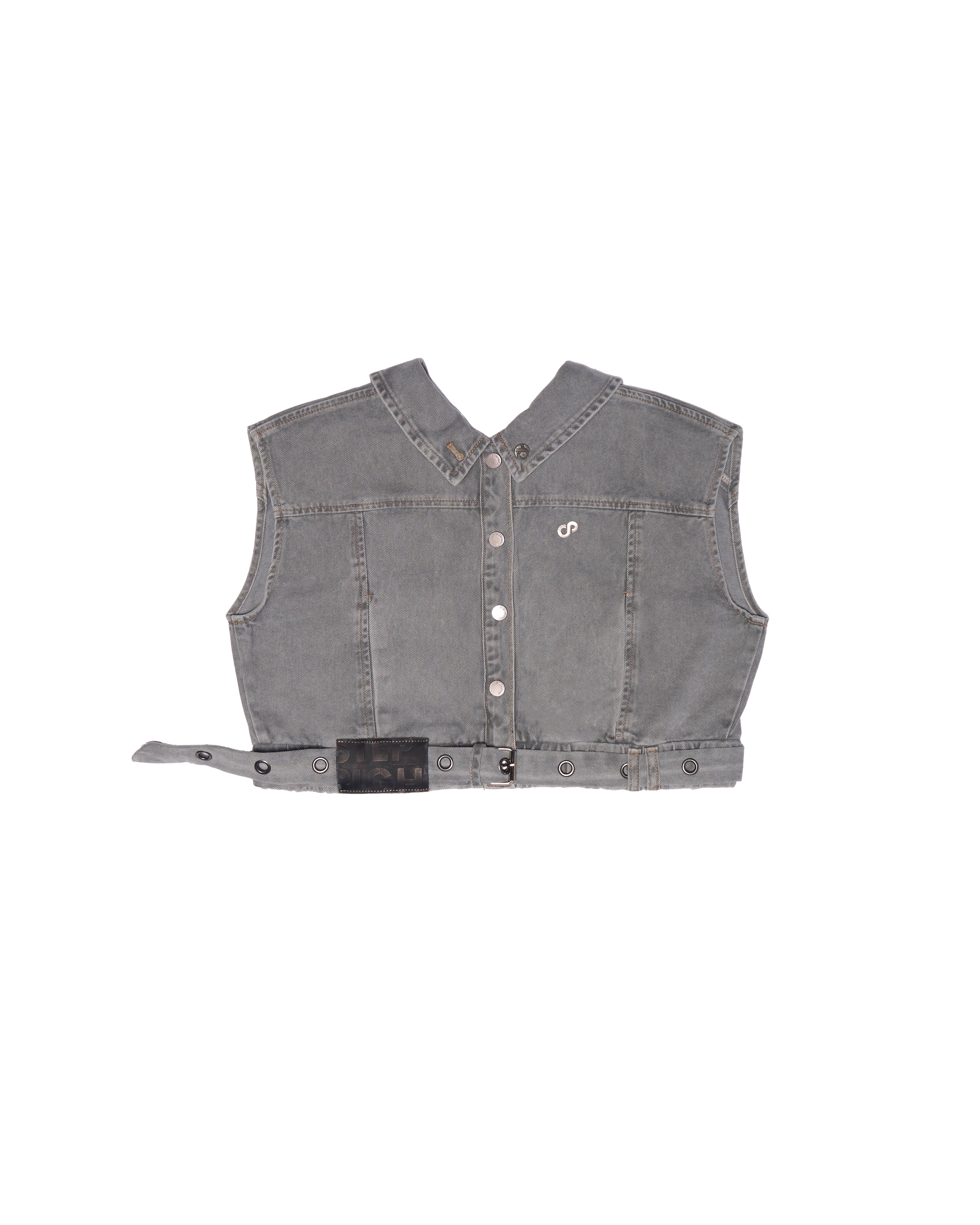 FOSSIL GRAY REVERSIBLE SLEEVELESS DENIM POLO CROP