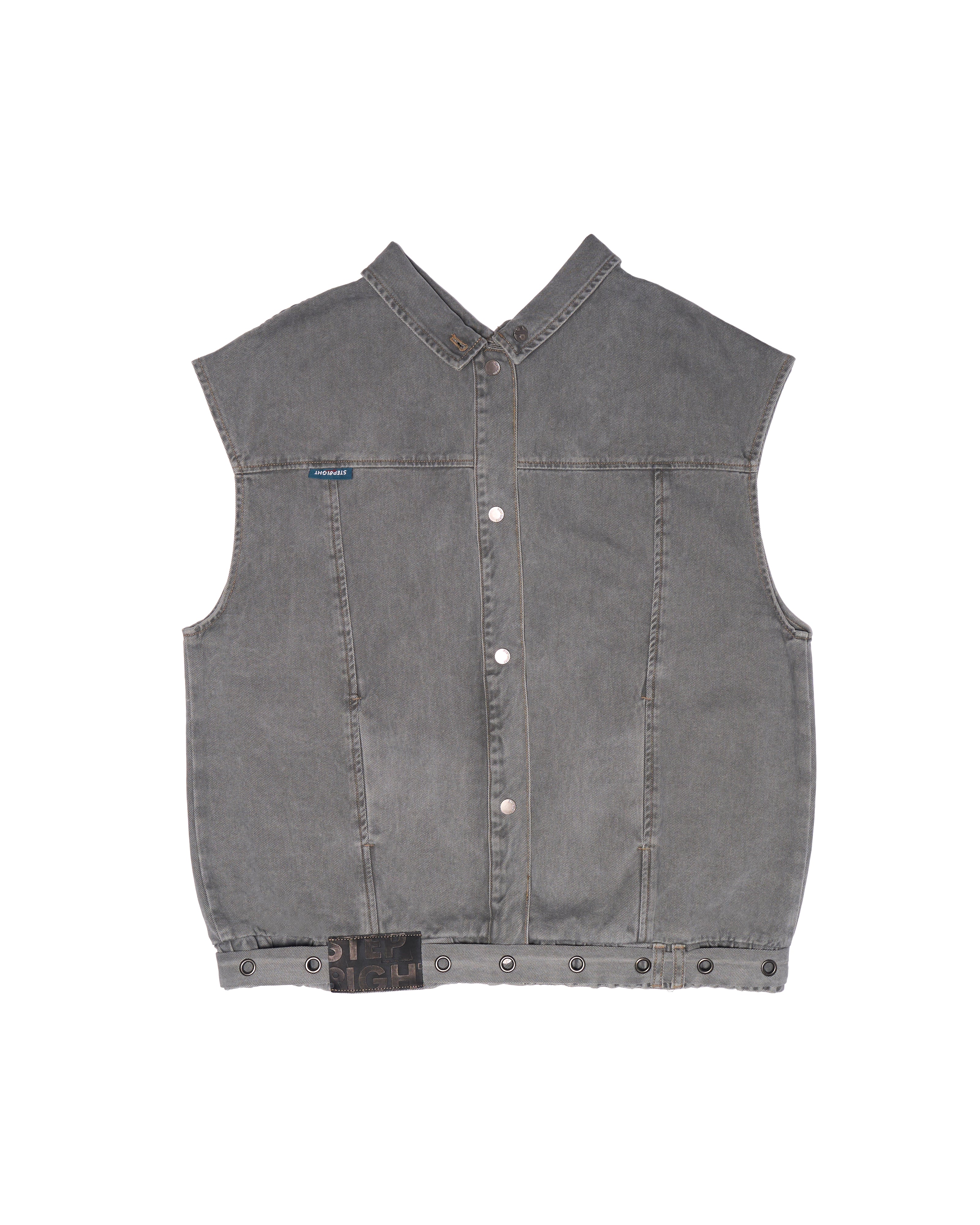FOSSIL GRAY REVERSIBLE SLEEVELESS DENIM POLO JACKET