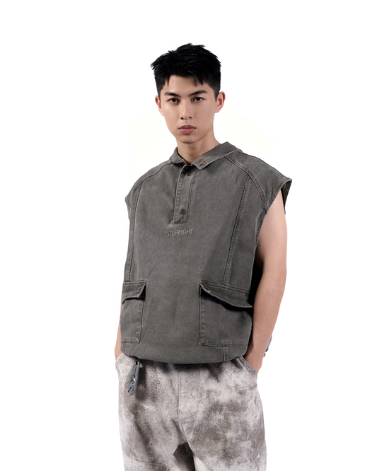 FOSSIL GRAY REVERSIBLE SLEEVELESS DENIM POLO JACKET