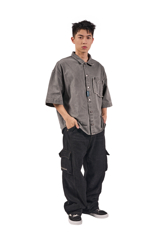 FOSSIL GRAY WAVY POCKET DENIM SHIRT